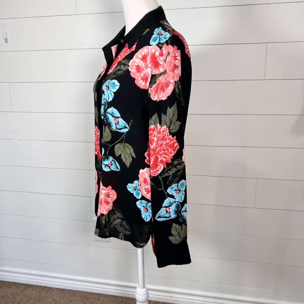 CeCe Black Pink & Blue Floral Semi Sheer Long Sleeve Blouse Size M - Picture 5 of 11